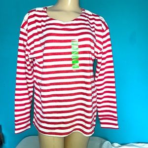 JNY Striped Boat Neck w/ Lace Up Shoulder Top